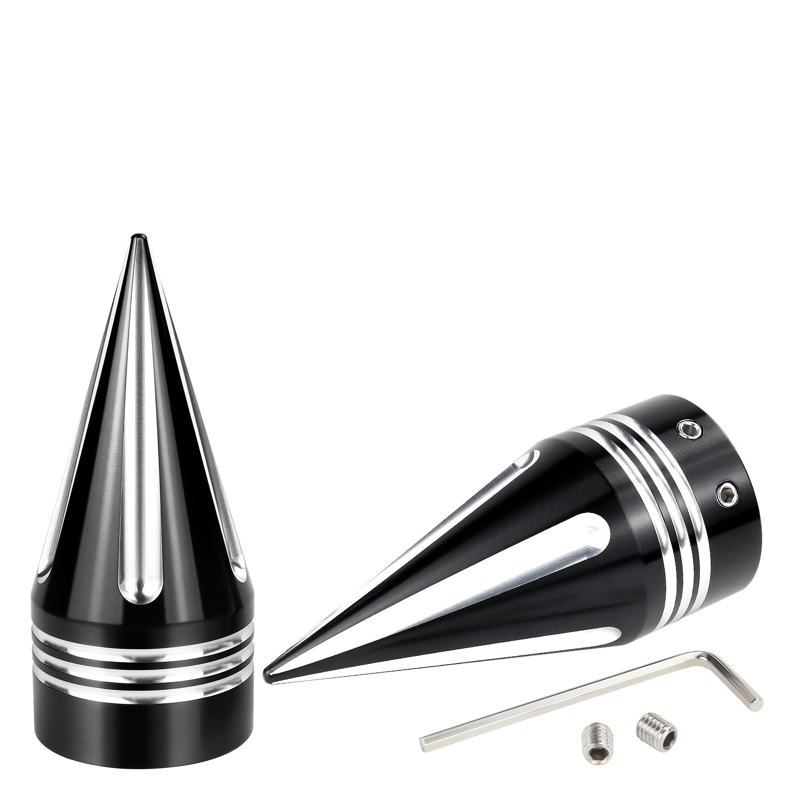 CNC Spike Motorcycle Front Axle Nut Covers Caps 3.6" – Fits Harley Touring Street Glide Road King Electra Glide Tri Glide 2008-Later, Black & Silvery