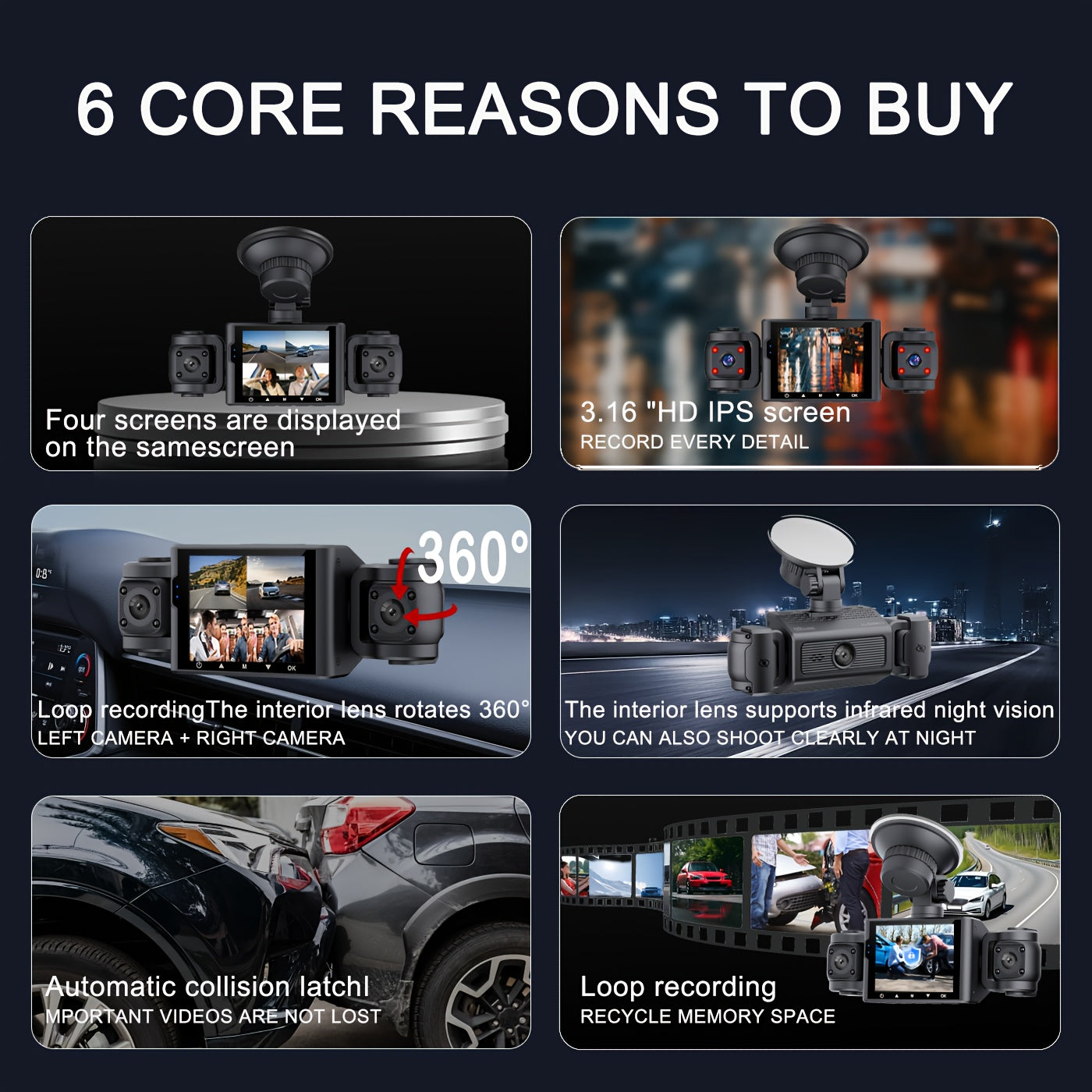 4-Channel 360° Dash Cam 1080P Front + 720P Rear Left Right All-Round Coverage, Quad-Screen Split Display, Night Vision, WDR, G-Sensor, Loop Recording – Optional 64GB Card