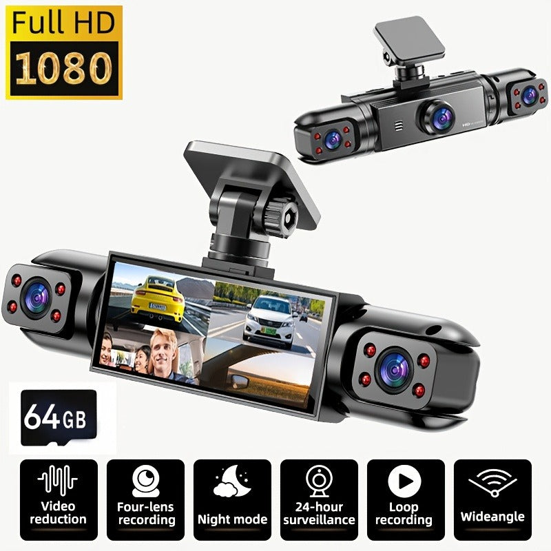 360° 4-Channel Dash Cam 1080P Front + 720P Rear Left Right Full Coverage, WDR Night Vision, G-Sensor, Loop Recording – Optional 64GB TF Card, Car Safety Driving Recorder
