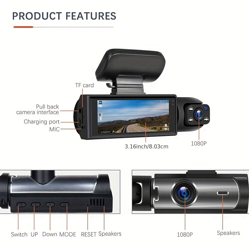 Dual Dash Cam 1080P Front and Inside Car Camera with IR Night Vision, WiFi, Loop Recording, Wide Angle DVR – Optional 2" / 3.16" Screen, No Card / 32GB / 64GB Memory Card