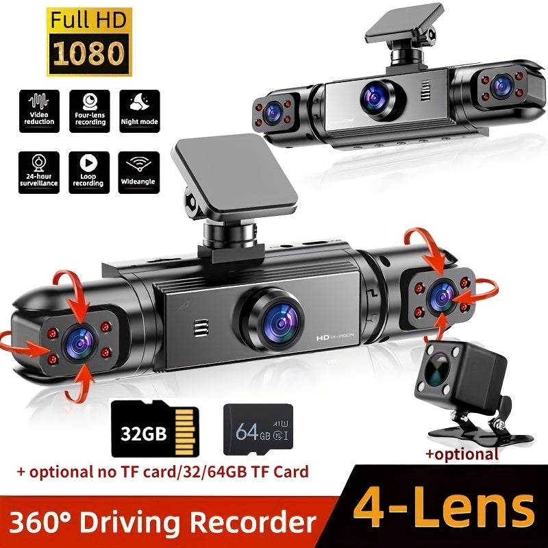 360° 4-Channel Dash Cam 1080P Front + 720P Rear Left Right Full Coverage, WDR Night Vision, G-Sensor, Loop Recording – Optional 64GB TF Card, Car Safety Driving Recorder