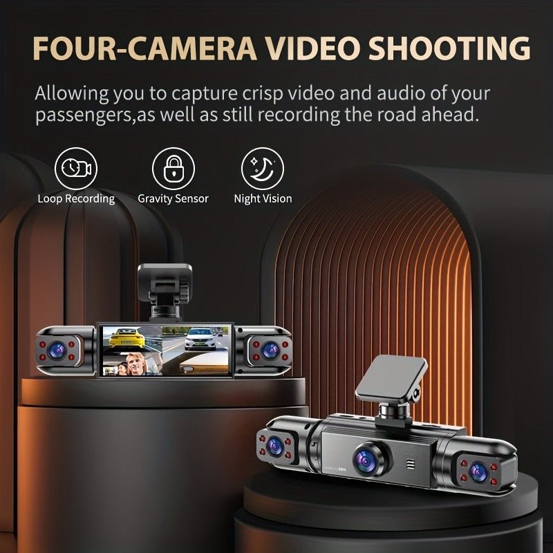 360° 4-Channel Dash Cam 1080P Front + 720P Rear Left Right Full Coverage, WDR Night Vision, G-Sensor, Loop Recording – Optional 64GB TF Card, Car Safety Driving Recorder