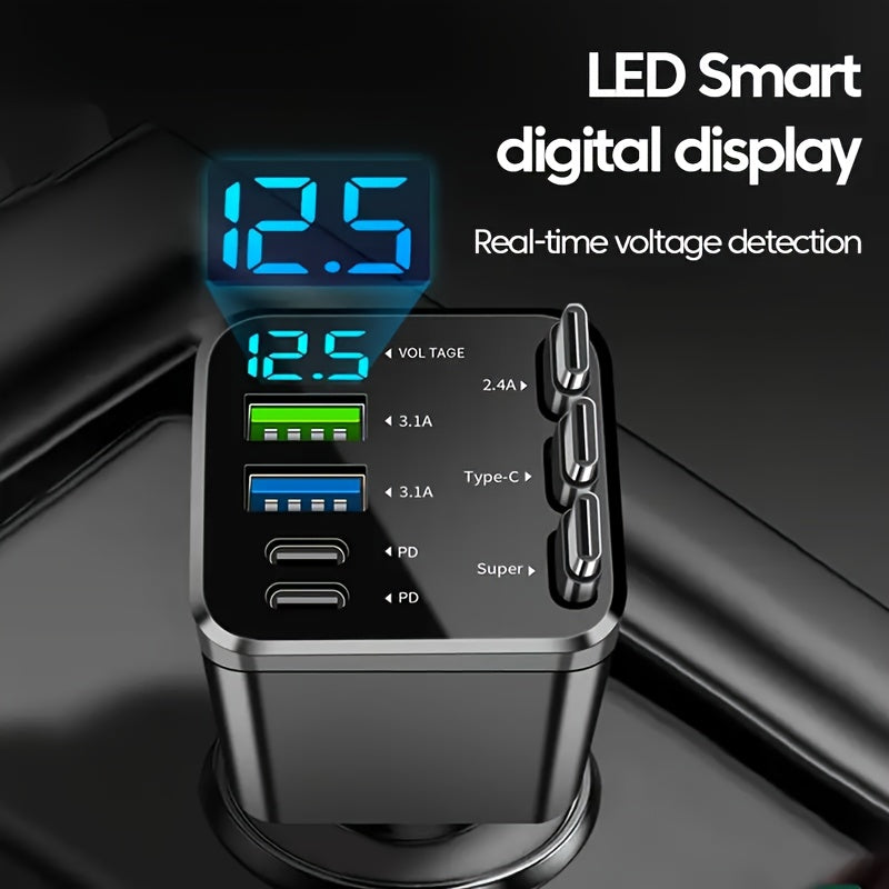 7-in-1 Car Fast Charger with 3 Retractable Cables, LED Digital Display, 180° Adjustable Arm, Universal Plug – Multi-Port USB Car Phone Charger for iPhone Android
