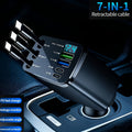 7-in-1 Car Fast Charger with 3 Retractable Cables, LED Digital Display, 180° Adjustable Arm, Universal Plug – Multi-Port USB Car Phone Charger for iPhone Android
