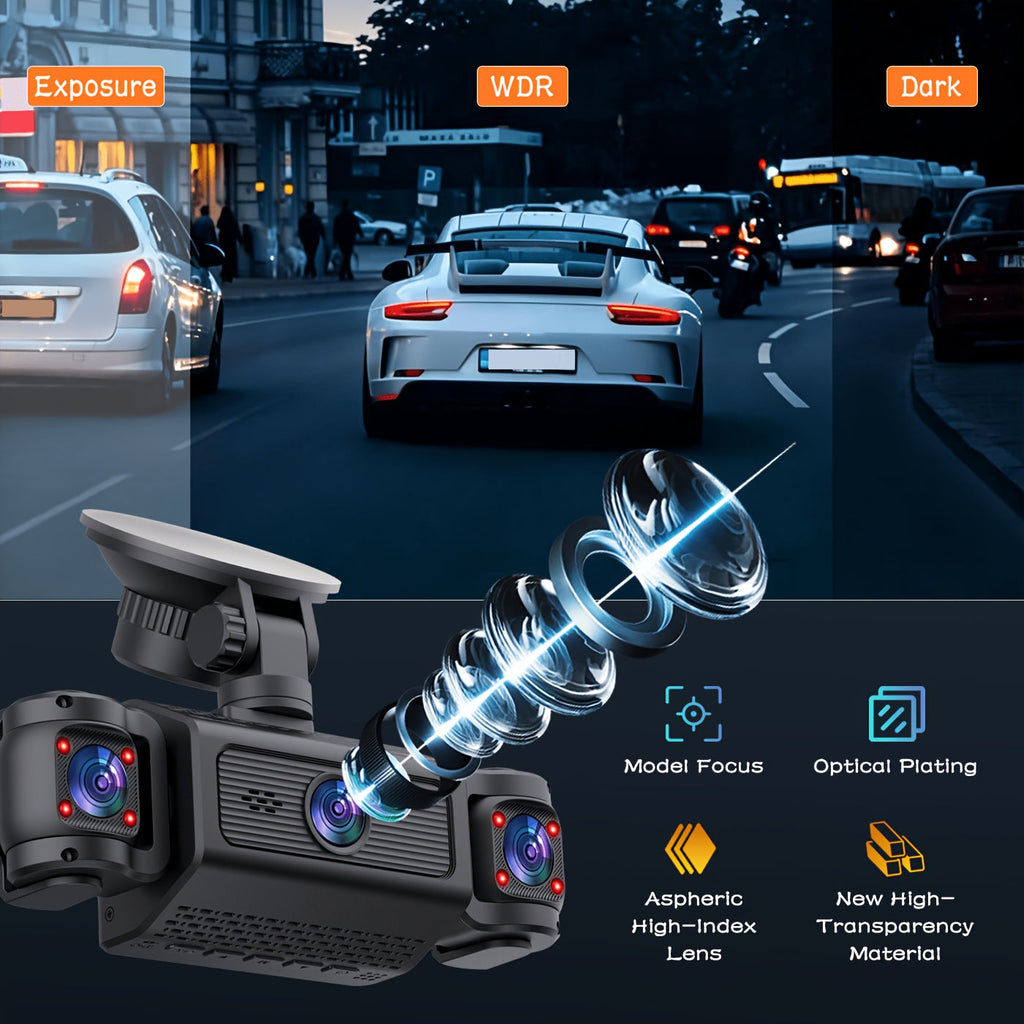 4-Channel 360° Dash Cam 1080P Front + 720P Rear Left Right All-Round Coverage, Quad-Screen Split Display, Night Vision, WDR, G-Sensor, Loop Recording – Optional 64GB Card