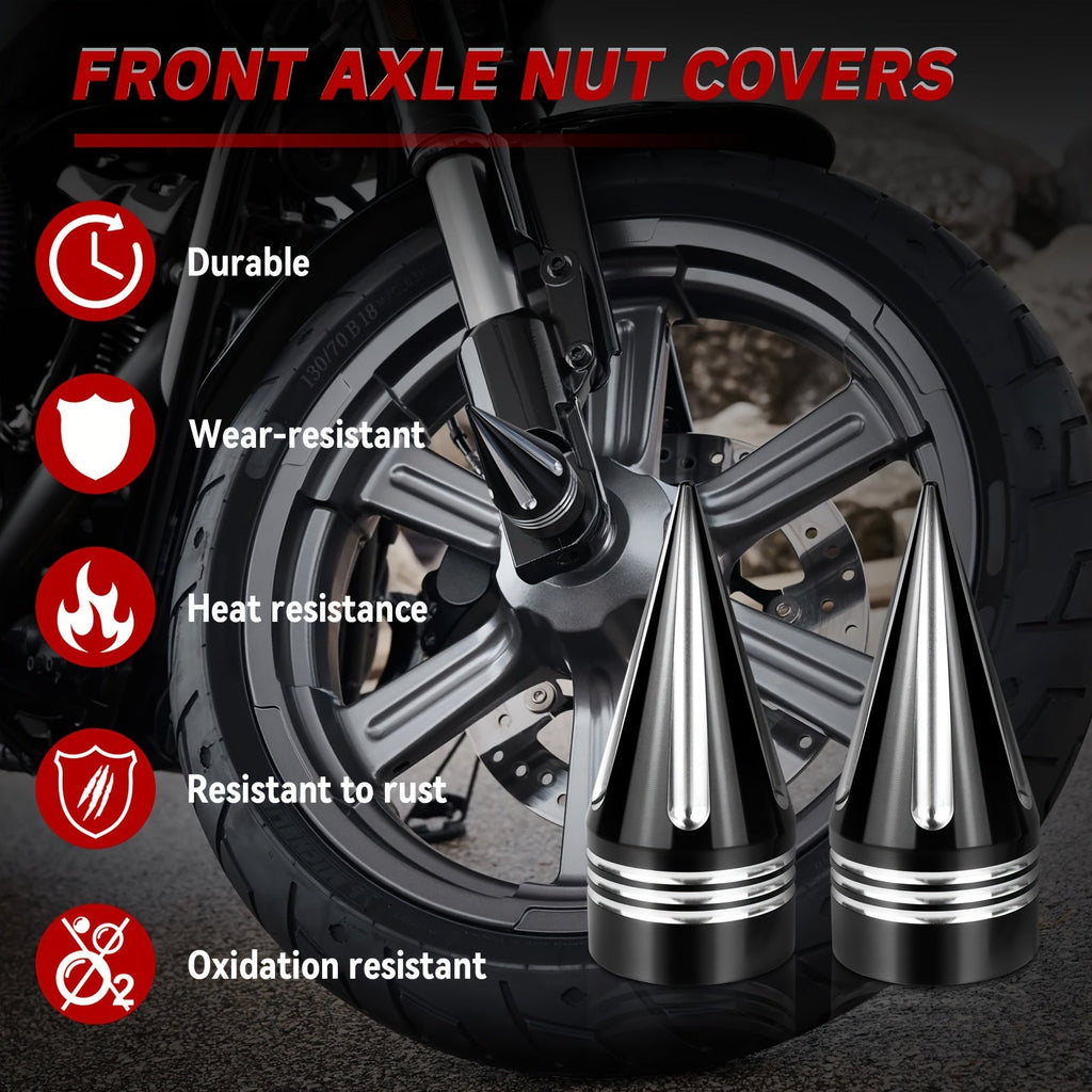 CNC Spike Motorcycle Front Axle Nut Covers Caps 3.6" – Fits Harley Touring Street Glide Road King Electra Glide Tri Glide 2008-Later, Black & Silvery
