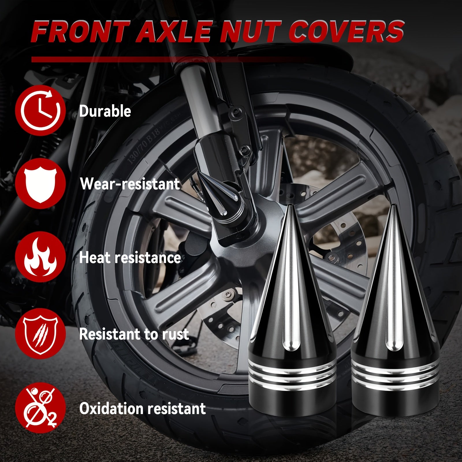 CNC Spike Motorcycle Front Axle Nut Covers Caps 3.6" – Fits Harley Touring Street Glide Road King Electra Glide Tri Glide 2008-Later, Black & Silvery