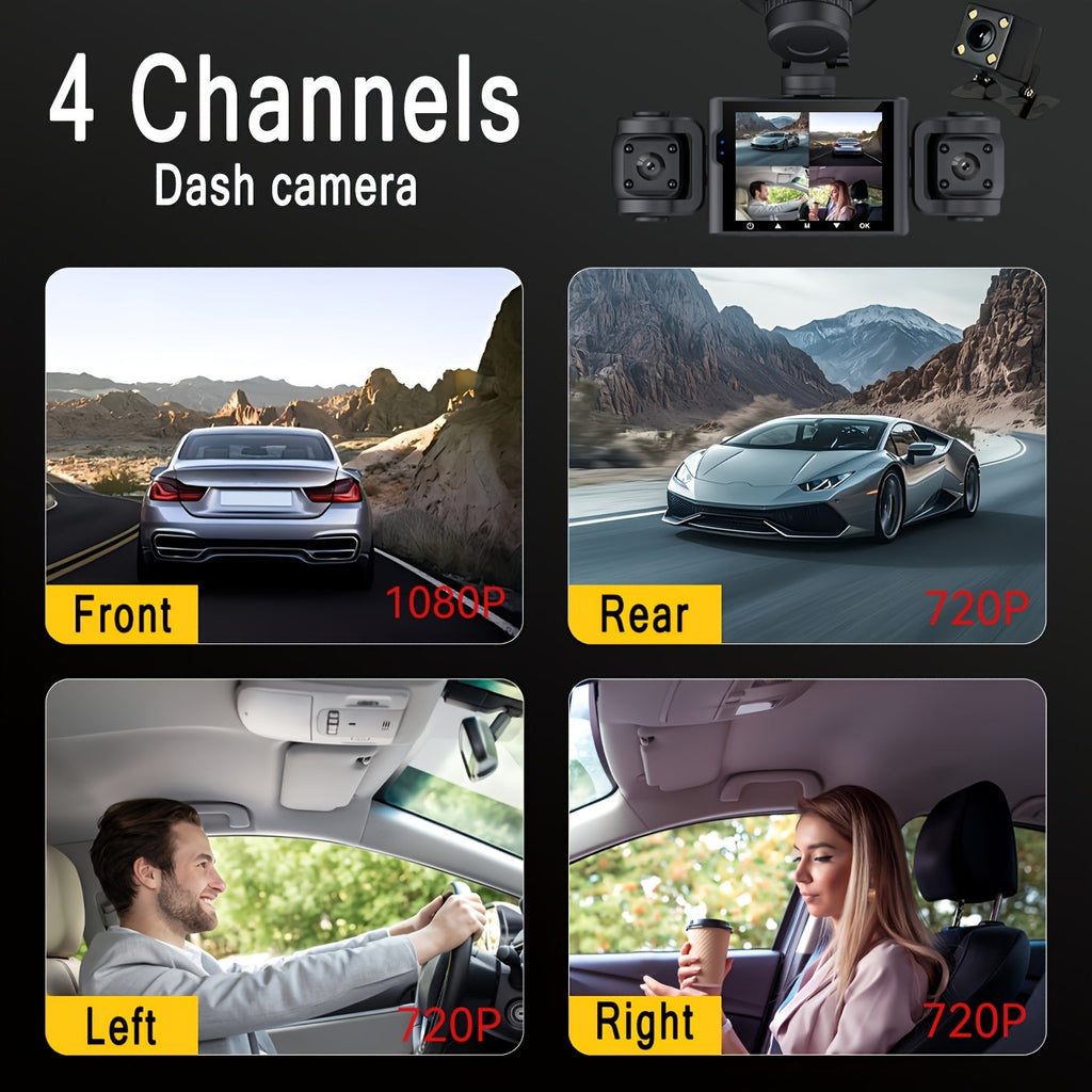 4-Channel 360° Dash Cam 1080P Front + 720P Rear Left Right All-Round Coverage, Quad-Screen Split Display, Night Vision, WDR, G-Sensor, Loop Recording – Optional 64GB Card