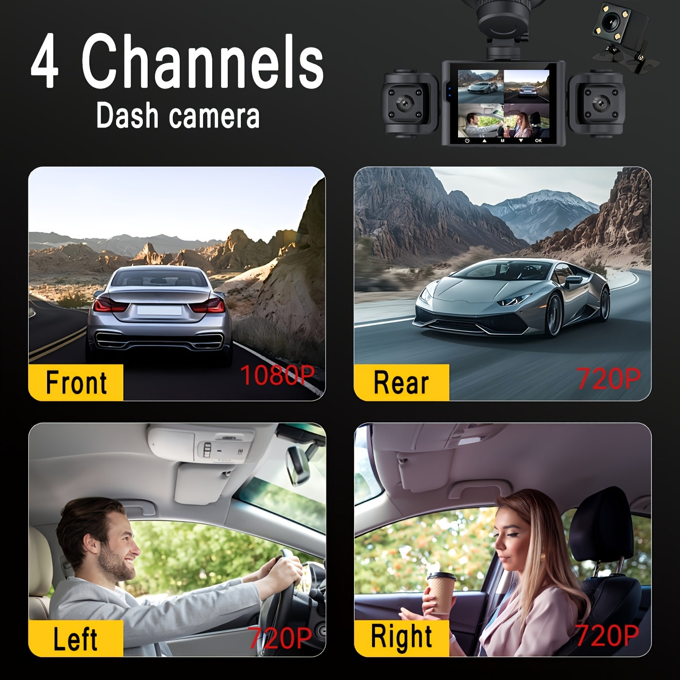 4-Channel 360° Dash Cam 1080P Front + 720P Rear Left Right All-Round Coverage, Quad-Screen Split Display, Night Vision, WDR, G-Sensor, Loop Recording – Optional 64GB Card