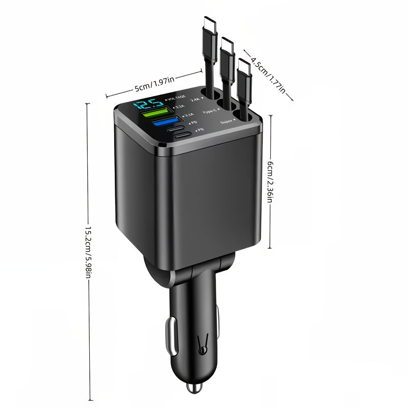 7-in-1 Car Fast Charger with 3 Retractable Cables, LED Digital Display, 180° Adjustable Arm, Universal Plug – Multi-Port USB Car Phone Charger for iPhone Android